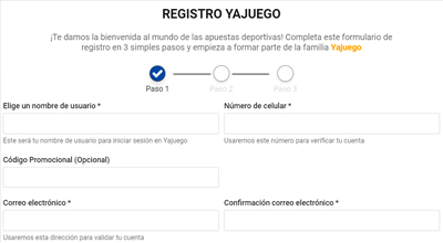 Formulario de registro de nueva cuenta en el sitio web de Yajuego: 1 paso